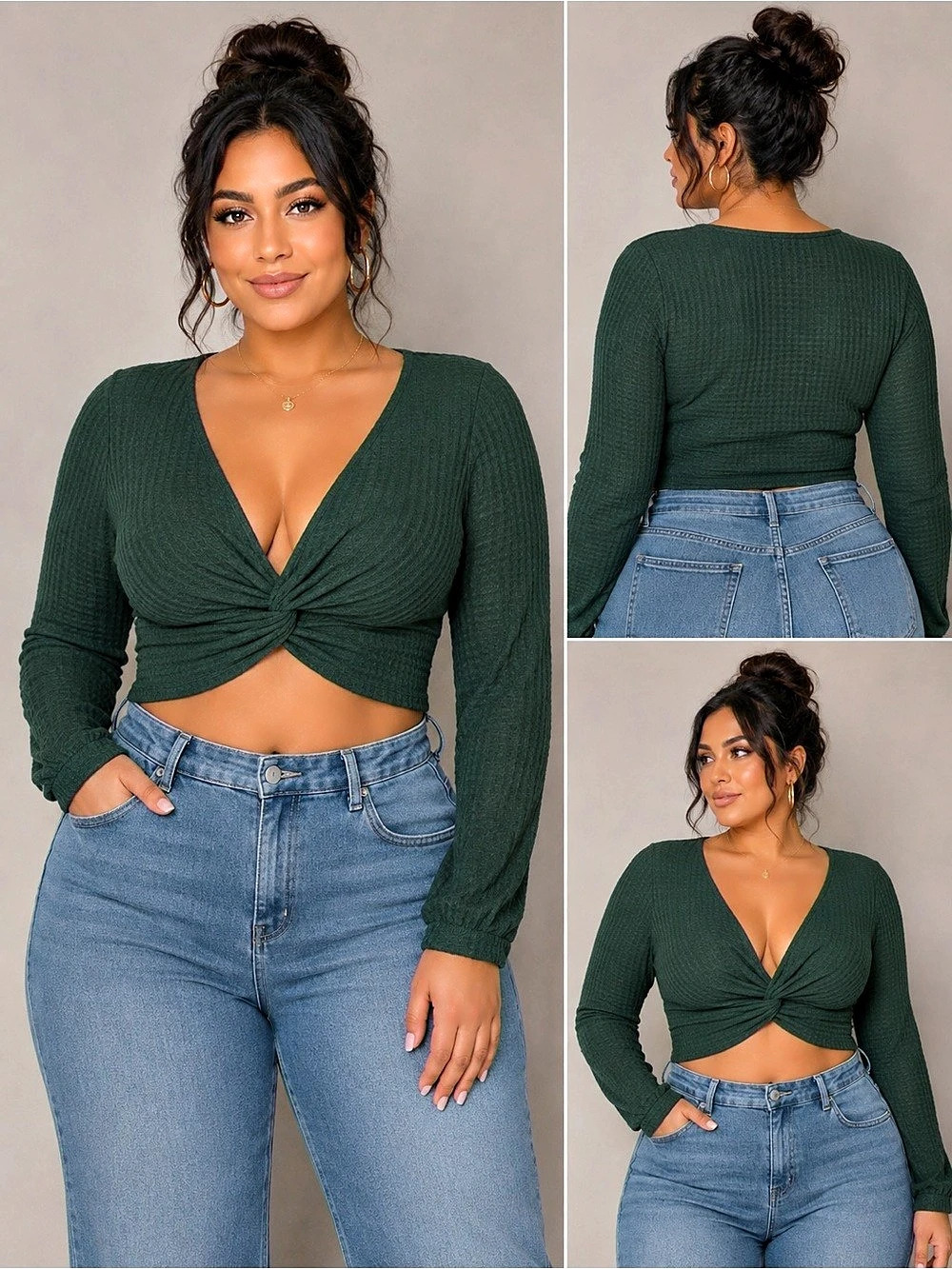 SHEIN V-Neck Twist Front Crop Top Green